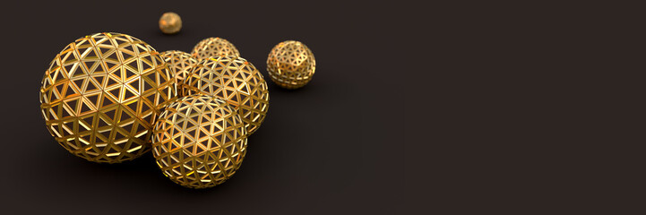 Segmented golden spheres on chocolate, perspective view