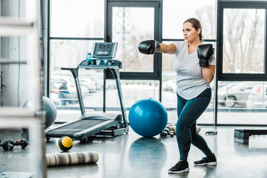 Serious Plus Size Girl Wearing Boxing Gloves And Practicing Kickboxing Near Sport Equipment