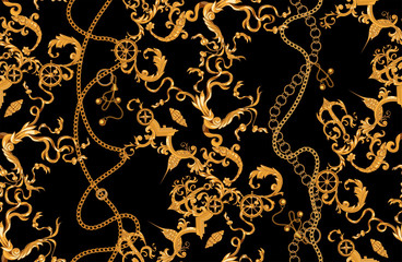 Baroque pattern with golden chains, fishes and anchors. Vector seamless marine patch for scarfs, print, fabric.