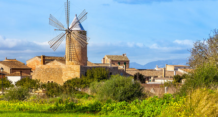 Algadia, Mallorca, Spain, December 17, 2018 An old windmill in the city