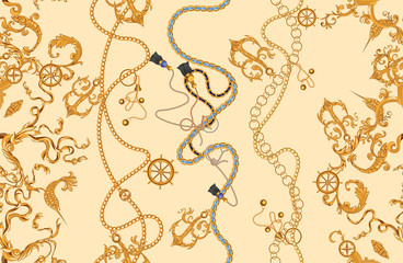 Baroque seamless pattern with golden chains and anchors. Vector marine patch for scarfs, print, fabric.