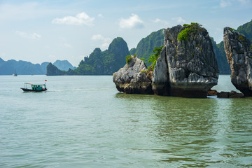 Scenic view of the Halong Bay (Descending Dragon Bay) at the Gulf of Tonkin of the South China Sea,...