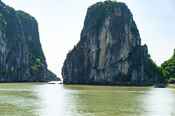 Scenic view of the Halong Bay (Descending Dragon Bay) at the Gulf of Tonkin of the South China Sea,...