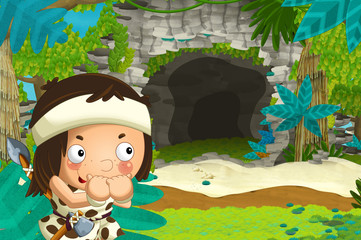 cartoon happy scene with caveman traveling near some cave and seeing diplodocus dinosaur - illustration for children