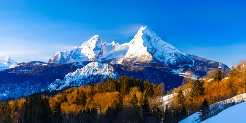 Beautiful view of famous Watzmann mountain peak on a cold sunny day in winter