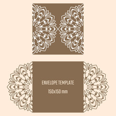 Laser cutting vector envelope. Wedding die cut invitation template. Cutout silhouette card. Scrapbook carved paperwork. Floral layout. Lacy mandala decal.
