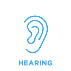 Hearing icon. Human body ear symbol. Listen sign. Blue vector graphic line style illustration isolated on white background.