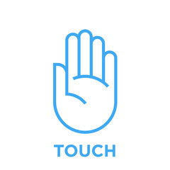 Hand icon. Touch symbol. Human palm sign. Blue vector graphic line style illustration isolated on white background.