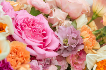 Floral, flowers background, texture. Pink rose in beautiful spring bouquet close up, macro