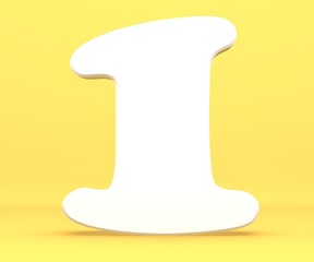 3d rendering illustration. White paper digit alphabet character 1 one font. Front view number 1 symbol on a yellow background.