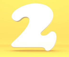 3d rendering illustration. White paper digit alphabet character 2 two font. Front view number 2 symbol on a yellow background.