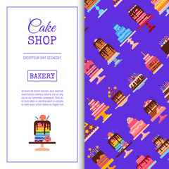 Cake shop seamless pattern vector illustration. Chocolate and fruity desserts for sweet cake shop with cupcakes, cakes, pudding, biscuits, whipped cream, glaze and sprinkles, candles.