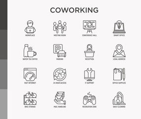 Coworking office thin line icons set: workplace, meeting room, conference hall, smart office, parking, reception, legal address, fast internet, 24 hour access, IT support. Vector illustration.
