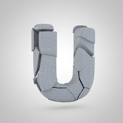Concrete letter U uppercase stone font isolated on white background