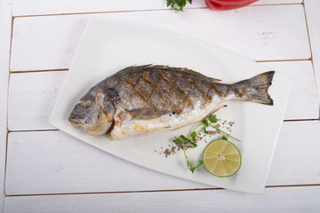 Grilled dorado fish served on a white plate
