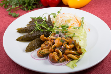 Pickled mushrooms, cabbage and cucumbers