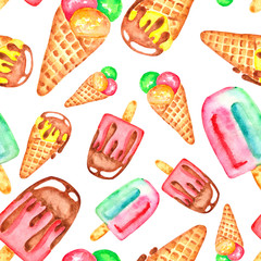 watercolor hand drawn ice cream seamless pattern