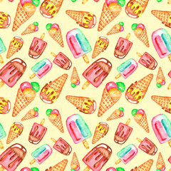 watercolor hand drawn ice cream seamless pattern