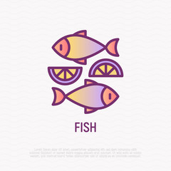 Fish dish with lemon thin line icon. Modern vector illustration for logo.