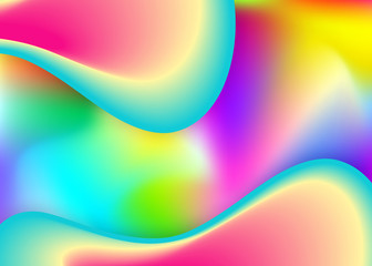 Liquid fluid. Pop poster, wallpaper template. Vivid gradient mesh. Holographic 3d backdrop with modern trendy blend. Liquid fluid background with dynamic elements and shapes.