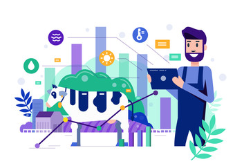 Smart farmer using tablet to monitor and control cow farm. Modern agriculture concept. Flat design elements. Vector illustration