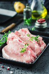 Fresh sliced meat on cast iron griddle. Selective focus, space for text.