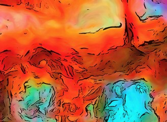 Abstraction painted in oil style. Colorful texture background. Multicolored wallpaper graphic design. Pattern for creating artwork and print. Crazy warm colors and cartoon effect. Fun psychedelic art.