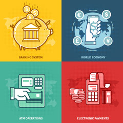 Set of square conceptual banners on economic theme in a flat style