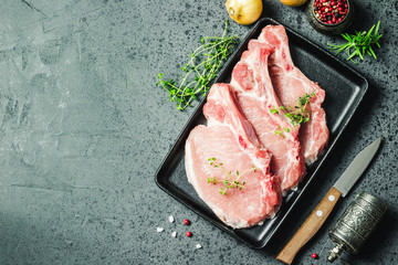 Raw cutlets on sheet pan.Top view, space for text.
