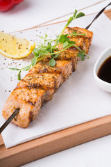 Seafood salmon grilled on a skewer