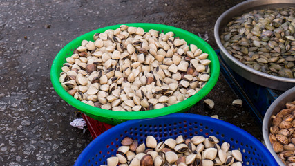 Assortament of fresh seafood. Different types of beautiful shells in the Phu Quoc market in Vietnam  for seafood restaurant