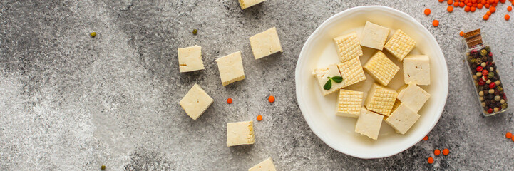 tofu (soy cheese) asian cuisine. copy space. food background. top