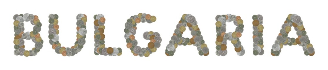 BULGARIA word with stack of coins on white background