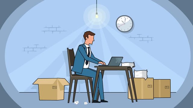 Flat cartoon businessman character working on laptop in poor basement workplace animation
