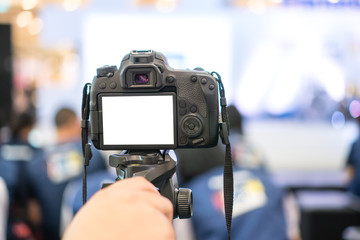 Video journalist or reporter on LCD Screen Blank camera  for copy space in your text message or...