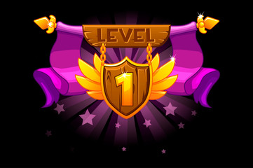 Receiving the cartoon achievement game screen. Level UP. Vector Award Shield icon. For game, user interface, banner, application, game development.