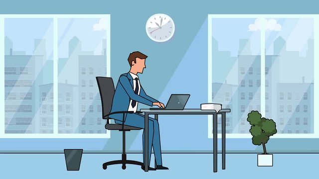 Flat cartoon businessman character working on laptop in office workplace animation