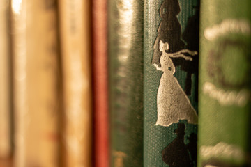 Old books with beautiful covers on the bookshelf. Old books in the library.