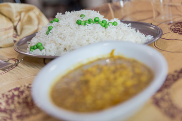 Indian food. Rice with peas