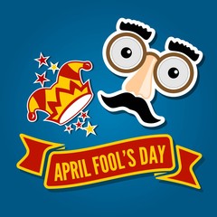 April Fools Day card with Jester Hat and Funny Glasses. Vector illustration