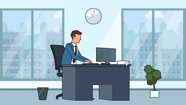 Flat cartoon businessman character working on computer in office workplace animation