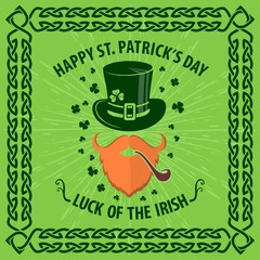 St. Patrick's Day Holiday poster, banner, label, badge, emblem or greeting card design with hipster leprechaun. Vector illustration.