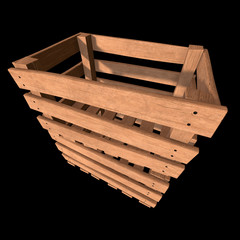 Wooden box for transportation and storage of products. Empty crate for fruits and vegetables. 3d render on black background.