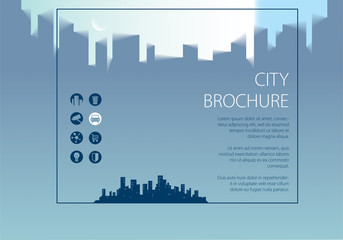 Simple minimalistic city skyline traveling tourist guide book. Horizontal A4 brochure, flyer, cover, poster or guidebook template. Vector modern illustration.