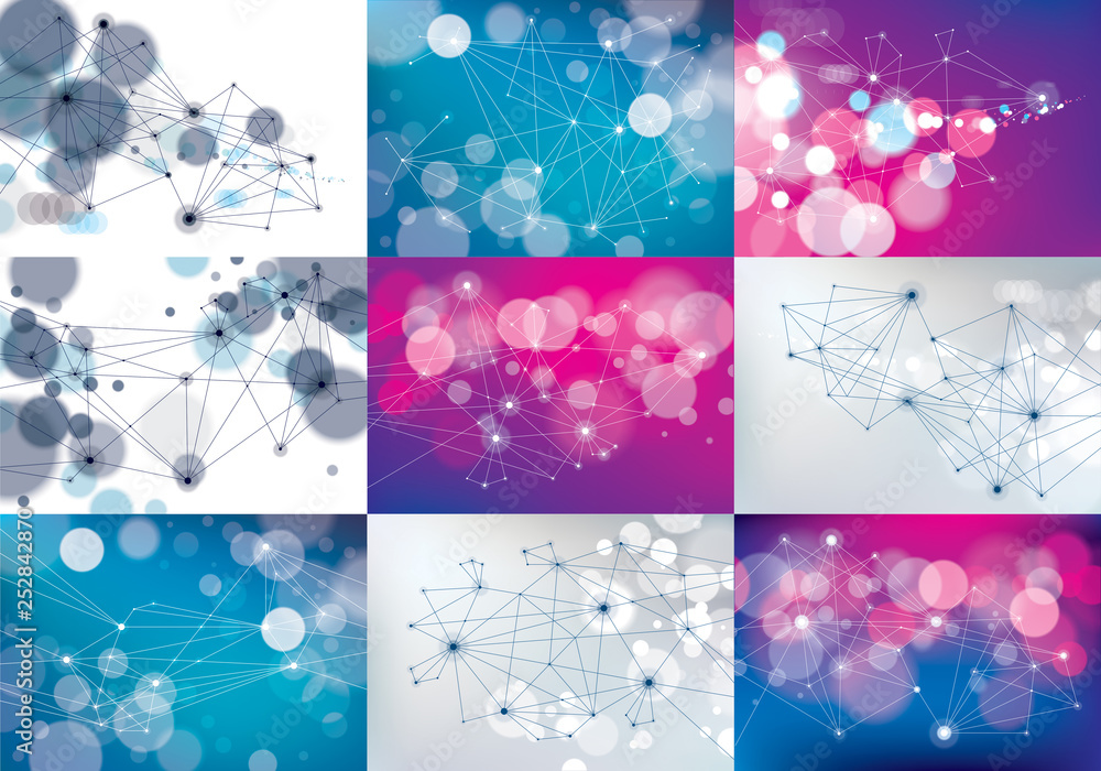 Aufkleber minimalism chaotic 3d connection communication mesh technology and science backgrounds set. with blu