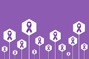 Purple ribbon illustration calling for international movement for awareness and prevention.