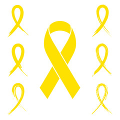 Yellow ribbon set with ink, paint brush and charcoal style isolated on white. Collection of flat design yellow awareness ribbons in seven different style.
