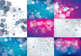 Minimalism chaotic 3d connection communication mesh technology and science backgrounds set. With blurred defocused round lights textures. Vector abstract virtual particles structures.