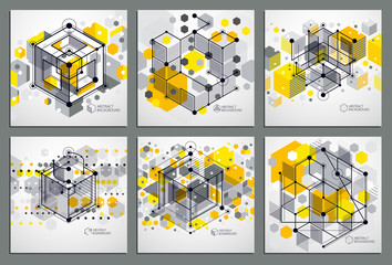 Engineering technological yellow vector 3D wallpapers set made with cubes and lines. Illustration of engineering system, abstract technological backdrop. Abstract technical background. - obrazy, fototapety, plakaty