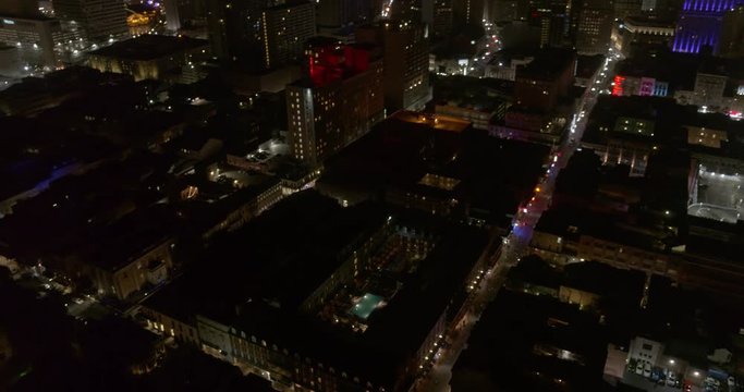 New Orleans Louisiana Aerial v10 Panning, birdseye, to vertical view of French Quarter nightlife - August 2018
